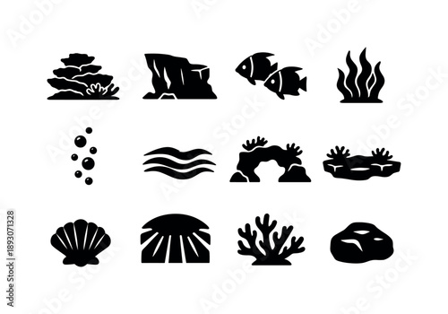 Ocean Reef Icons. Ocean Reef Landscape. Solid icon set of Ocean Reef Landscape: layered coral reef, reef cliff, tropical fish pair, seaweed cluster, bubbles
