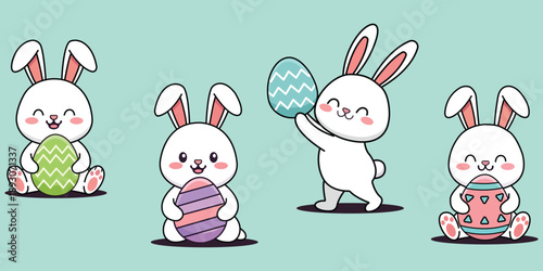 Joyful Easter Bunnies: A delightful display of charming Easter bunnies with colorful, decorated eggs against a vibrant backdrop, celebrating the spirit of spring.