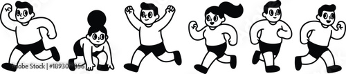 Minimalist cartoon runners sequence showing diverse athletes sprinting and starting crouch pose side view simple black and white vector art playful energetic friendly smiling motion
