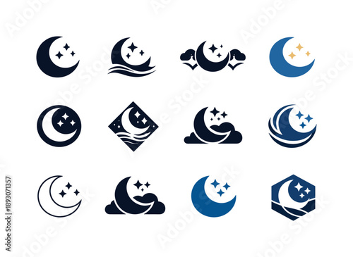 Restorative Sleep Icons. Restorative sleep practices and rituals. Icon set. Set Logo of Restorative sleep practices and rituals: crescent moon and stars
