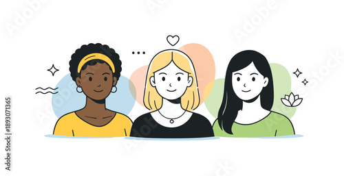 Female Portrait Harmony. Female Identities. A centered composition of three women portraits framed by soft abstract shapes. The illustration conveys