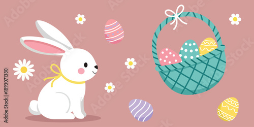 Easter Celebration:  A cheerful, pristine white bunny sits beside a charming basket filled with beautifully adorned easter eggs and scattered amongst delicate blossoms, all set against a soft.