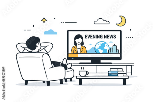 Evening News Relaxation. Evening news moment. A person relaxing on a chair or couch, watching the news on a TV screen with abstract glowing shapes and subtle