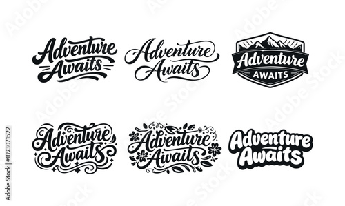 Creative Lettering Grid. Adventure Awaits. Set lettering. harmonious lettering variations of the same emblematic concept, each with different