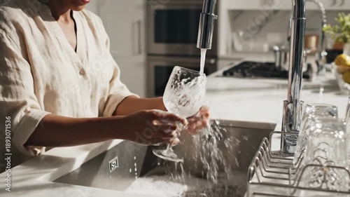 Wallpaper Mural Woman washing wine glass in a modern kitchen sink with running water and clean dishes Torontodigital.ca