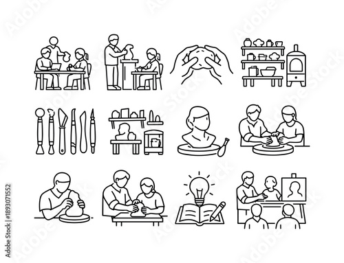 Clay Art Icons. Clay Art Education. Line icon set of Clay Art Education: sculpting class scene, teacher demonstrating clay, student hands sculpting, clay