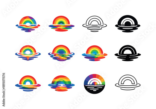 Rainbow Reflection Icons. Rainbow reflections. Icon set. Set Logo of rainbow reflections: light ripple surface. harmonious logo variations of the