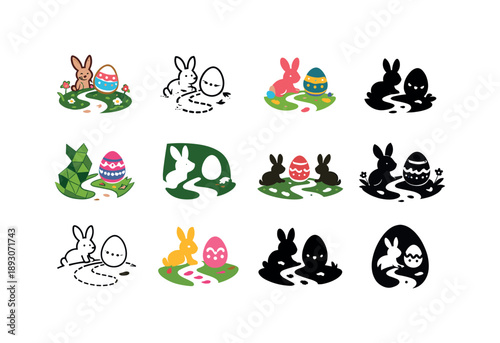 Easter Icon Set. Easter celebrations and activities. Icon set. Set Logo of Easter celebrations and activities: egg hunt trail icon. harmonious logo variations