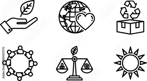 Minimal line art eco icon set six symbols hand with leaf globe and heart recycling box community circle scales with leaf and sun simple black stroke