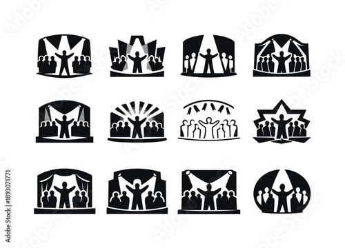 Dramatic Stage Icon Set. A dramatic reveal of an actor?s performance on stage, with a full cast behind them. Icon set. Set Logo of dramatic stage performance