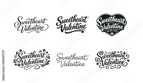 Valentine Lettering Grid. Sweetheart Valentine. Set lettering. harmonious lettering variations of the same emblematic concept (Elegant script with flowing