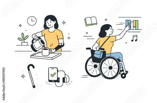 Empowered Daily Tasks. Everyday inclusion and independence. A person with a disability confidently completes daily tasks with accessible tools. Empowerment,