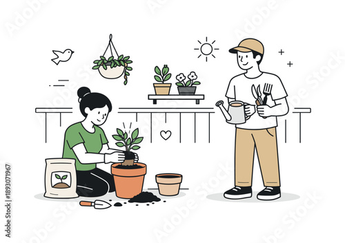 Balcony Gardening Collaboration. Balcony gardening people. One person repotting a plant while another holds tools, showing focused collaboration and everyday