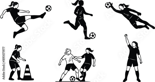 Silhouette vector of female soccer players performing flying kick running dribble diving save training cone and referee signal in dynamic sports poses side view close up