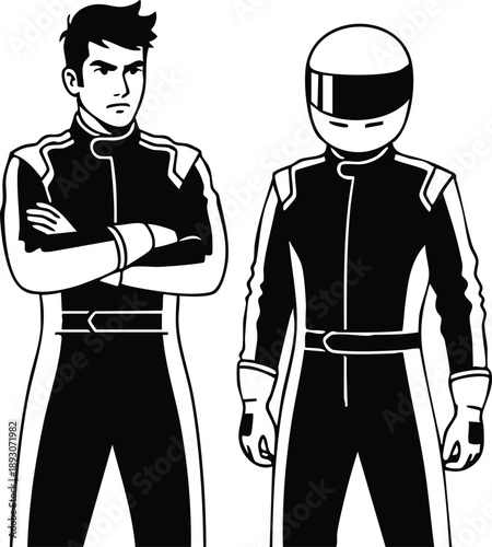 Minimalist vector line art racing drivers one with helmet standing side by side male driver arms crossed looking away full body front view bold contrast monochrome
