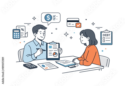 Debt Management Support. Debt management consultation. A financial counselor calmly discussing numbers with a client at a desk, documents neatly arranged. The