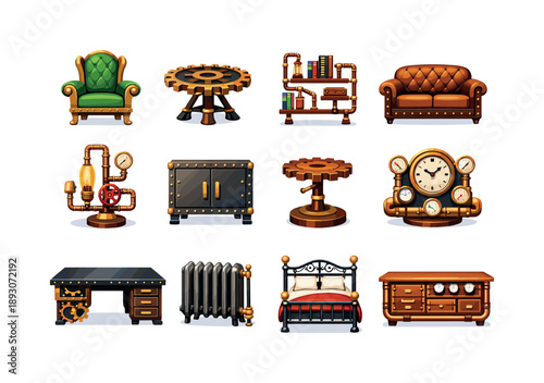 Steampunk Furniture Icons. Steampunk Furniture. Colorful flat vector icons set of Steampunk Furniture: brass armchair, gear table, pipe bookshelf, leather