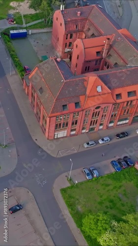 Aerial View of Historic Red Brick Housing Estate with Traditional Vintage Architecture
