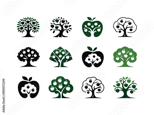 Apple Tree Logos. Apple tree. Icon set. Set Logo of apple tree: orchard fruit emblem. harmonious logo variations of the same emblematic concept, each with
