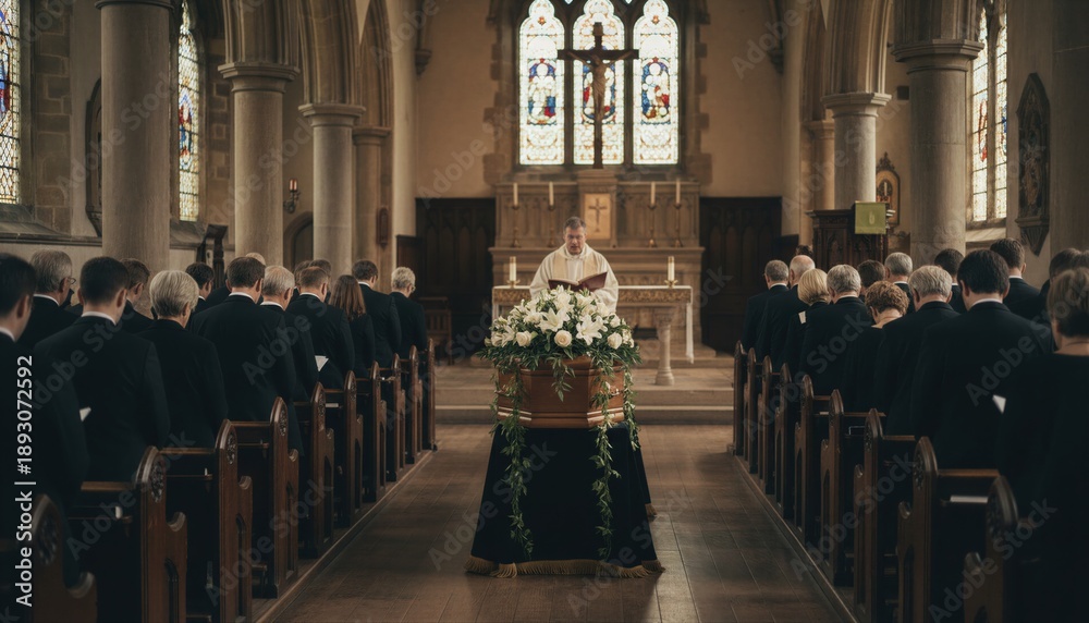 Fototapeta premium Coffin with white flowers in chapel during funeral service with priest and mourners in church. Grief and remembrance concept for a memorial.