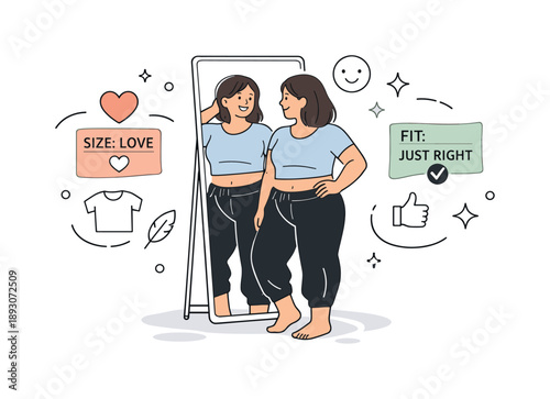 Inclusive Fashion Celebration. Inclusive fashion for all body types. A person trying on clothes in front of a mirror, smiling and relaxed, with size-neutral