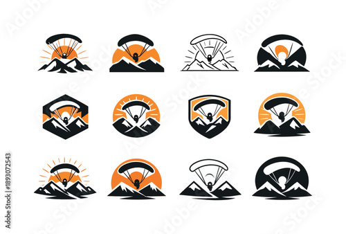 Paragliding Logo Variations. Paragliding in mountains. Icon set. Set Logo of Paragliding in mountains: sunrise behind paraglider. harmonious logo variations of