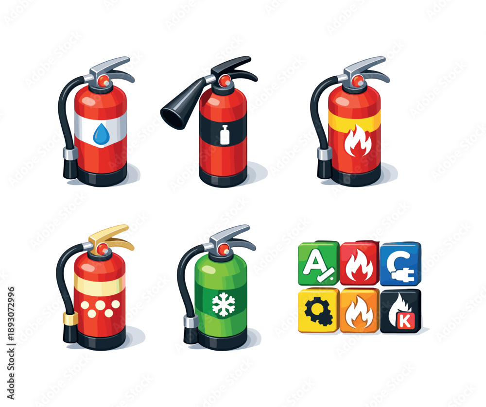 Obraz premium Fire Extinguisher Varieties. Extinguisher Types. Isometric flat vector icons set of Extinguisher Types: water extinguisher, CO2 extinguisher, dry chemical