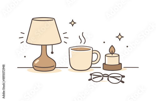 Peaceful Nightstand Scene. Bedroom nightstand objects. A relaxed scene with dim lamp light falling on a nightstand holding a tea mug, candle, and reading