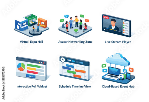 Digital Event Icons. Digital Events. Isometric flat vector icons set of Digital Events: virtual expo hall booths, avatar networking zone, live stream player