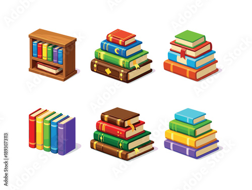Colorful Book Icons. Book collection. Isometric flat vector icons set of book collection: bookshelf stack, decorative books pile, assorted book