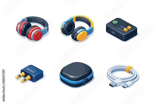 Travel Headphones Icons. Travel Headphones. Isometric flat vector icons set of Travel Headphones: compact foldable headphones, swivel ear cups, noise reduction