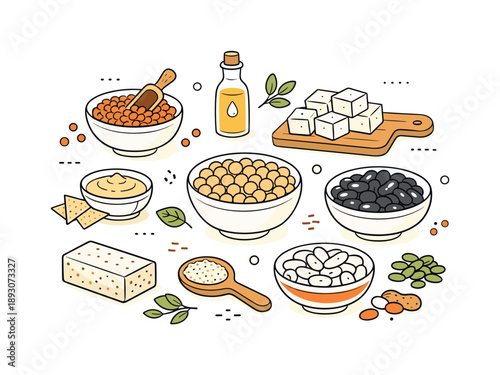 Minimalist Protein Layout. Plant-based protein flat lay. Lentils and beans displayed in a simple overhead layout, nourishment and everyday cooking ingredients.