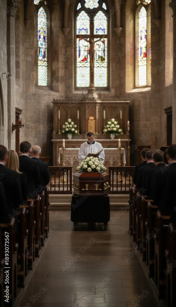 Fototapeta premium Male priest delivering a sermon at funeral service in church with coffin and mourners. Concept of grief, memorial, and religious rites.