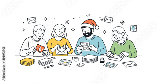 Holiday Card Collaboration. Friends mailing holiday cards together. Group placing cards into envelopes and adding stamps. Calm collaboration and festive