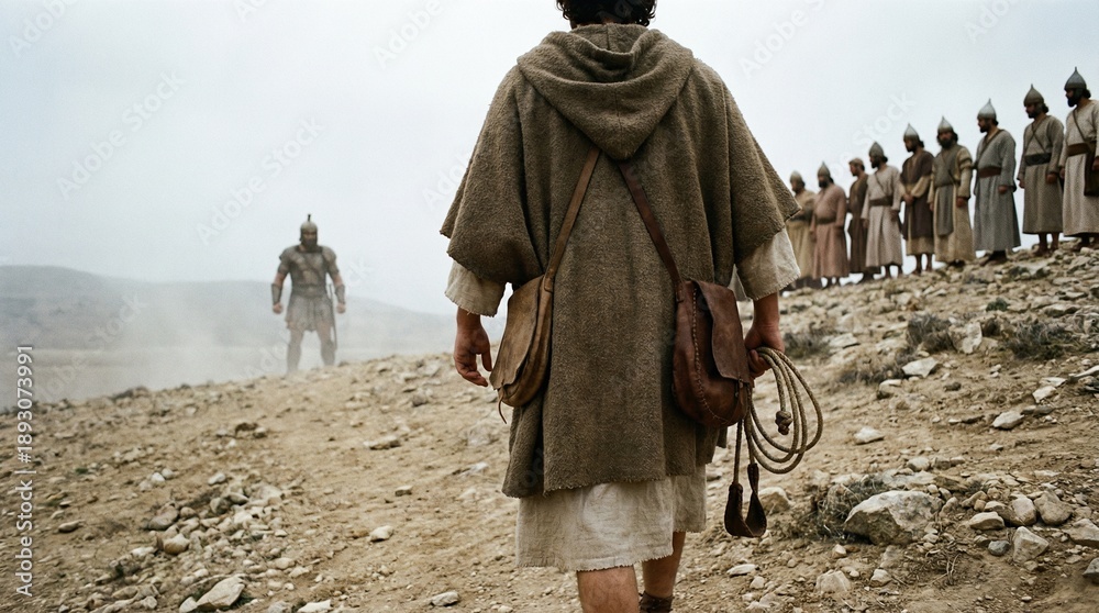 Fototapeta premium Man shepherd David walking towards giant Goliath in barren landscape for battle. Biblical story of faith and courage for religious education.