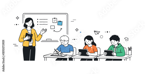 Classroom Learning Scene. Teacher and students classroom. Teacher standing near a board with simple notes while students work on notebooks and tablets. Focused