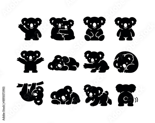 Koala Gesture Icons. Cute koala gestures. Solid icon set of Cute koala gestures: waving koala, hugging koala, sitting pose, standing koala, stretching paws,