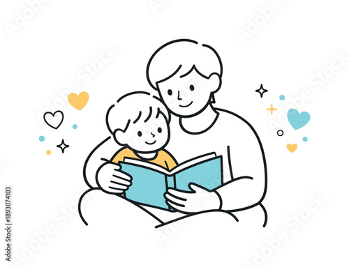 Family Storytime Harmony. Family closeness. Parent holding a child while reading a story, subtle abstract hearts and dots floating nearby. Warm, calm, and