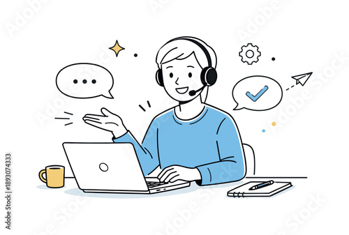 Friendly Customer Support. Customer service support. Friendly agent talking with a client via headset and laptop, calm conversation and helpful attitude.