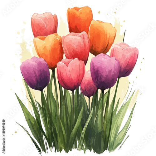 Colorful Spring Flowers In A Field, cute watercolor illustration with intricate patterns and vibrant splashes, isolated on a white background.