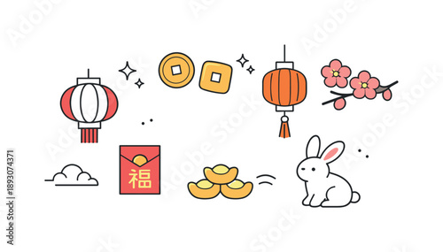 Minimal Lunar Elements. Lunar New Year decorative elements. Minimal festive icons such as lanterns, coins, and floral accents arranged in a balanced editorial