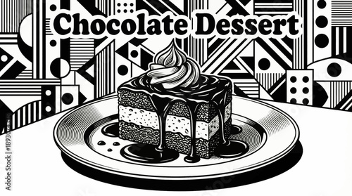 rich chocolate dessert with smooth textures and elegant presentation black and white vector illustration, designed for premium food branding and packaging visuals