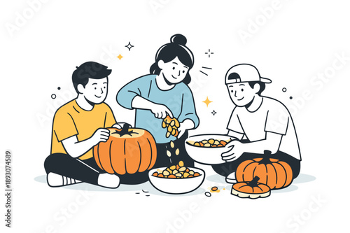 Pumpkin Carving Fun. Friends carving pumpkins teamwork. Friends helping each other scoop pumpkin seeds and clean pumpkins. Cooperative effort and friendly