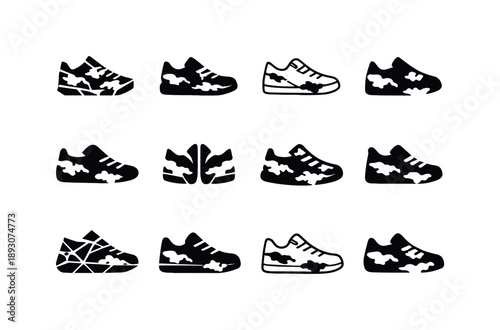 Scuffed Shoes Icon Set. Scuffed Shoes. Icon set. Set Logo of Scuffed Shoes: sneaker with peeling paint texture. harmonious logo variations of the