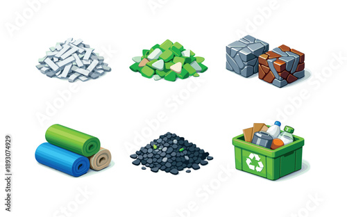 Recycled Materials Icons. Recycled materials. Isometric flat vector icons set of Recycled materials: shredded paper fibers, crushed glass fragments, metal