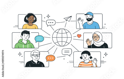 Global Virtual Connection. Global virtual connection. People from different locations appear in simple frames, linked by lines and icons that represent