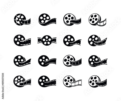 Diverse Movie Reel Logos. Movie reel. Icon set. Set Logo of movie reel: reel with flowing film strip. harmonious logo variations of the same emblematic