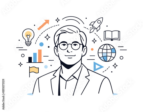 Visionary Cultural Leader. Portrait of a visionary cultural figure. A composed figure looking forward, with abstract geometric elements forming a subtle halo