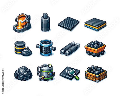 Industrial Carbon Icons. Carbon in industry. Colorful isometric vector icons set of carbon in industry: steel furnace, carbon electrode, carbon fiber panel,