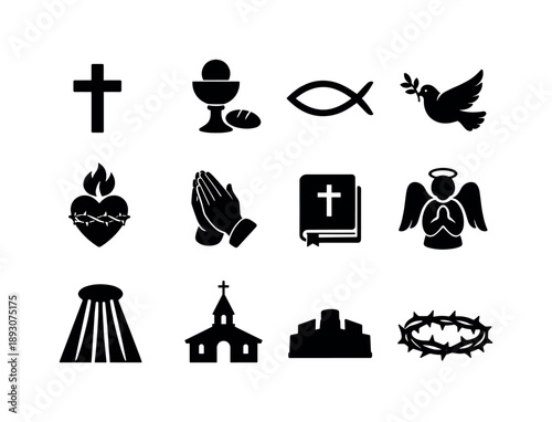 Christian Symbol Icons. Christian symbolism. Solid icon set of Christian symbolism: cross icon, holy chalice, communion bread, fish symbol, dove with olive